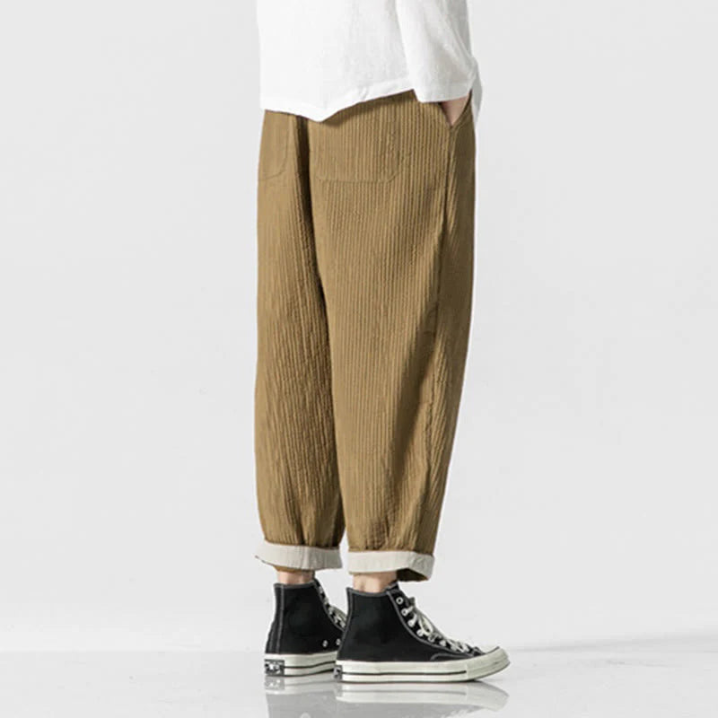 Buddha Stones Fall Solid Color Drawstring Men's Ankle-Length Harem Pants With Pockets