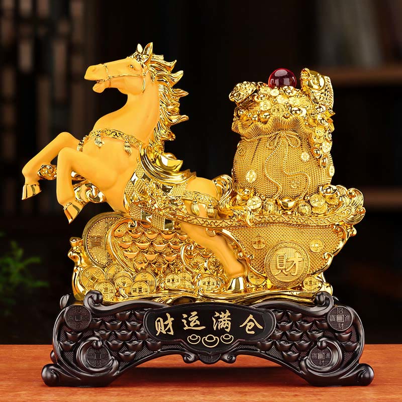 Buddha Stones  Good Fortune Year of the Horse Treasure Bowl Ingots Wealth Resin Home Decoration