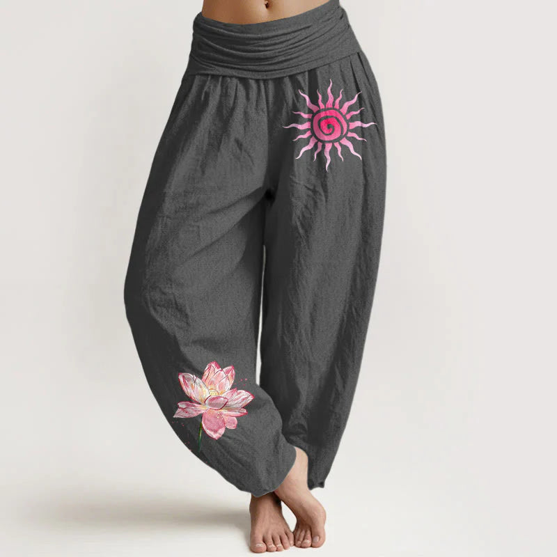 Buddha Stones Cotton Lotus Flower Sun Pattern Women's Elastic Waist Harem Pants