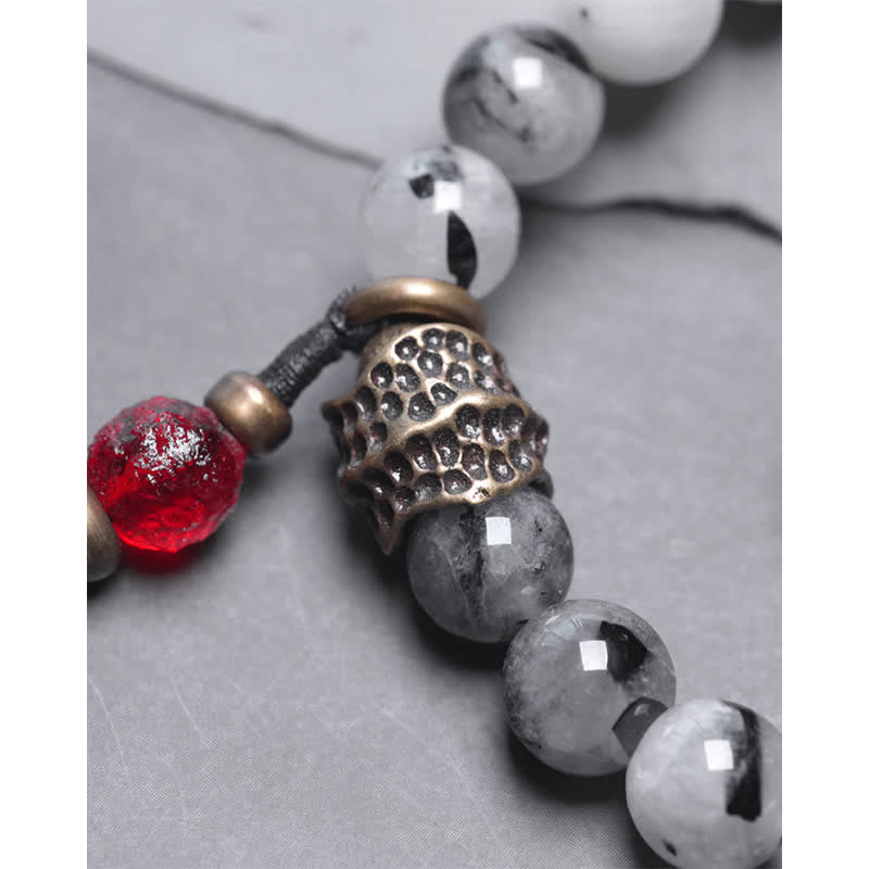 Buddha Stones Black Rutilated Quartz Ebony Wood White Crystal Success Couple Bracelet