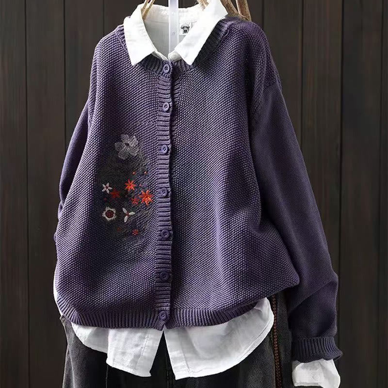 Buddha Stones Floral Embroidery Buttons Cotton Women's Long Sleeve Knitted Cardigan Sweater