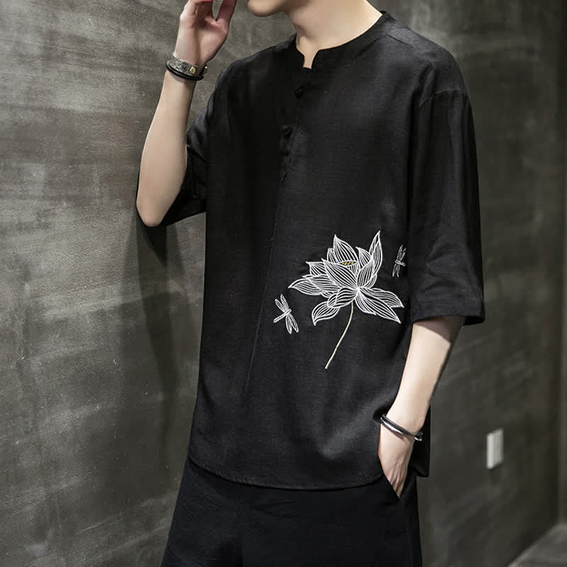 Buddha Stones Summer Embroidered Lotus Dragonfly Pattern Chinese Frog-Button Men's Short Sleeve T-shirt