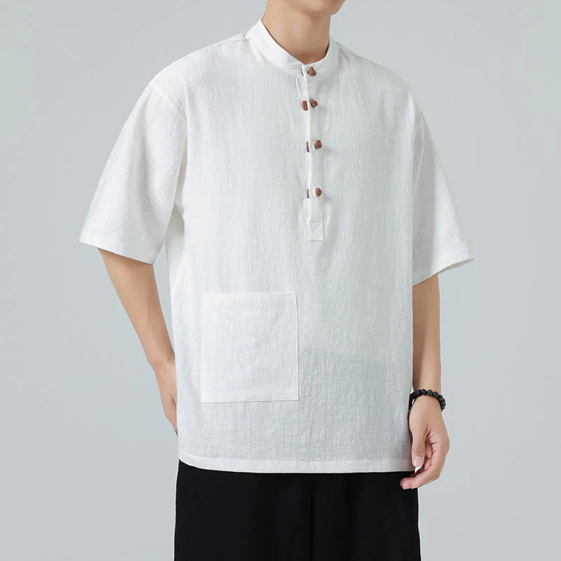 Buddha Stones Casual Half Frog-Button Design Stand Collar Tang Suit Men's Half Sleeve Cotton Shirt With Pocket