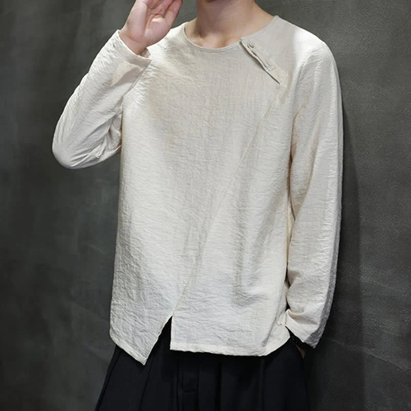 Buddha Stones Solid Color Loose Long Sleeve Round Neck Men's Shirts
