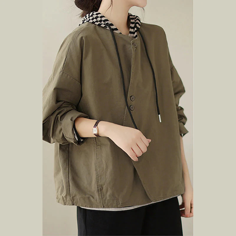 Buddha Stones Spring Plain Asymmetry Design Long Sleeve Women's Cotton Linen Jacket With Pockets