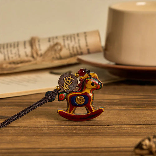 Buddha Stones Year of the Horse Rainbow Eucalyptus Small Leaf Red Sandalwood Linden Wood Ebony Carved Positive Key Chain