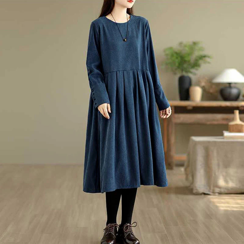 Buddha Stones Fall Plain DarkBlue Long Sleeve Corduroy Midi Dress With Pockets