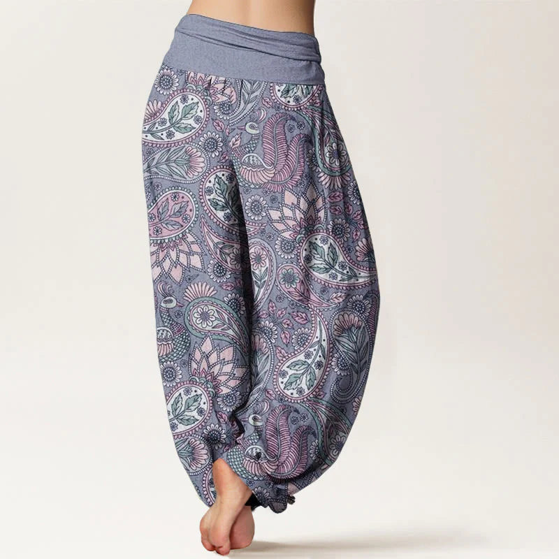 Buddha Stones Cotton Cashew Flower Peacock Sunflower Design Women's Elastic Waist Harem Pants