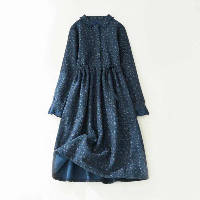 Buddha Stones Floral Pattern Lace Patchwork Design Long Sleeve Corduroy Midi Dress With Pockets
