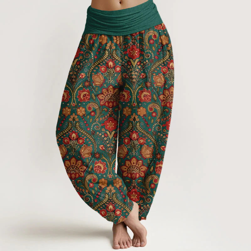 Buddha Stones Cotton Colorful Flower Leaf Scroll Pattern Women's Elastic Waist Harem Pants