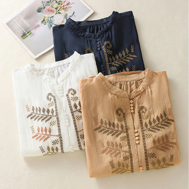 Buddha Stones Casual Artistic Embroidery Leaves Pattern Women's Cotton Linen Three Quarter Sleeve Shirt Cardigan