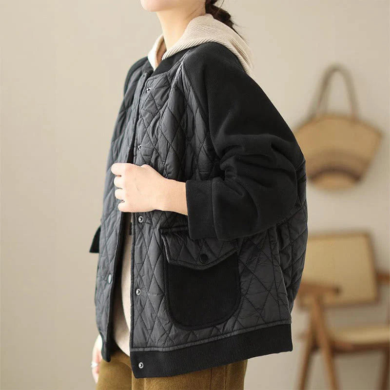 Buddha Stones Diamond Pattern Women's Long Sleeve Thickened Jacket With Pockets