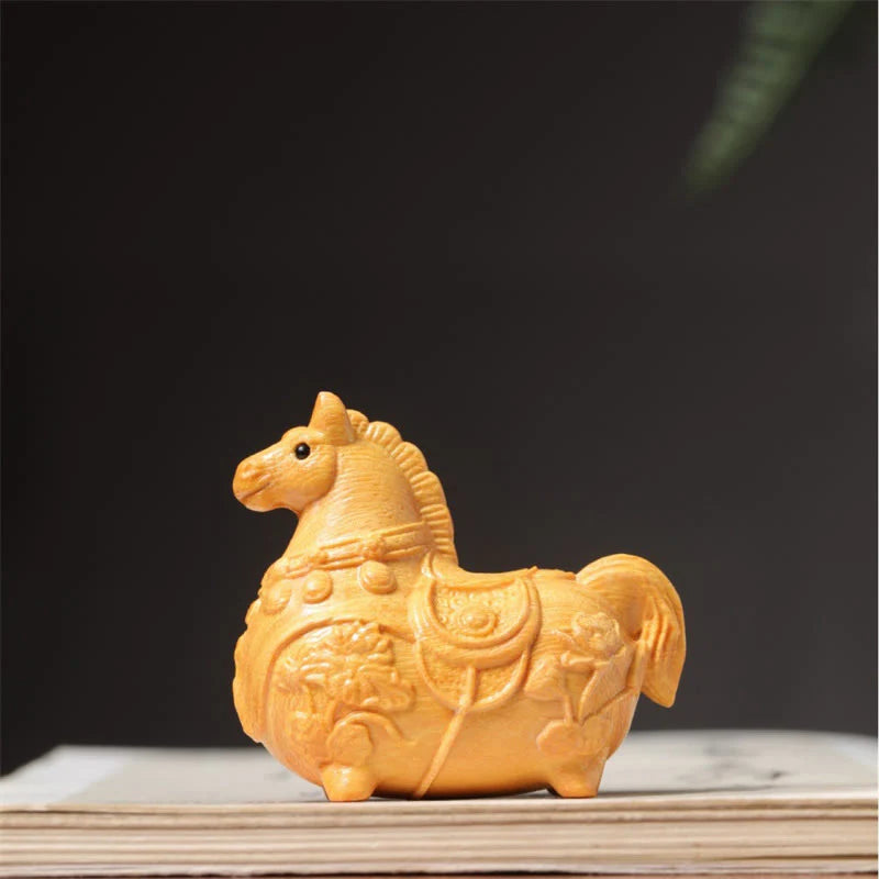 Buddha Stones Mini Year of the Horse Lotus Ebony Linden Wood Green Sandalwood Decoration 5.5*5*3.2cm