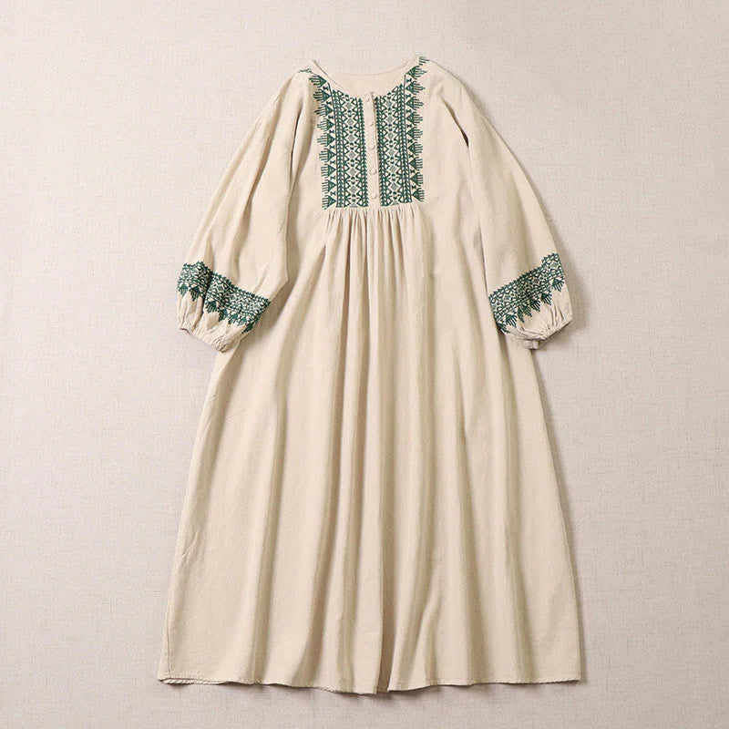 Buddha Stones Casual Artistic Geometric Embroidery Button Front Long Lantern Sleeve Cotton Linen Midi Dress