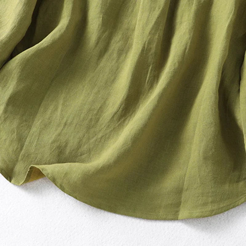 Buddha Stones Spring Dark Khaki Stand Collar Half Buttons Design Women's Long Sleeve Shirt