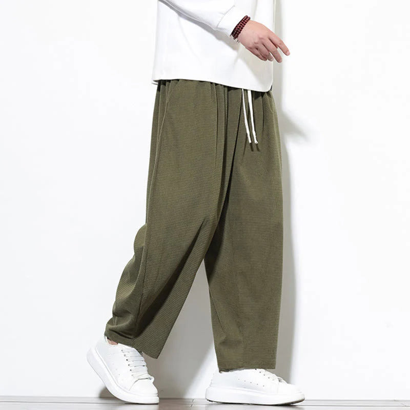 Buddha Stones Men's Plain Pure Cotton Corduroy Ankle-Length Harem Pants With Pockets