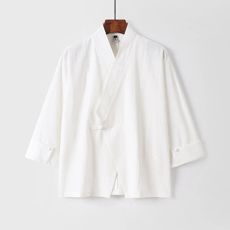 Buddha Stones Plain One Chinese Frog-Button Jacket Cotton Linen Men's Half Sleeve Kimono