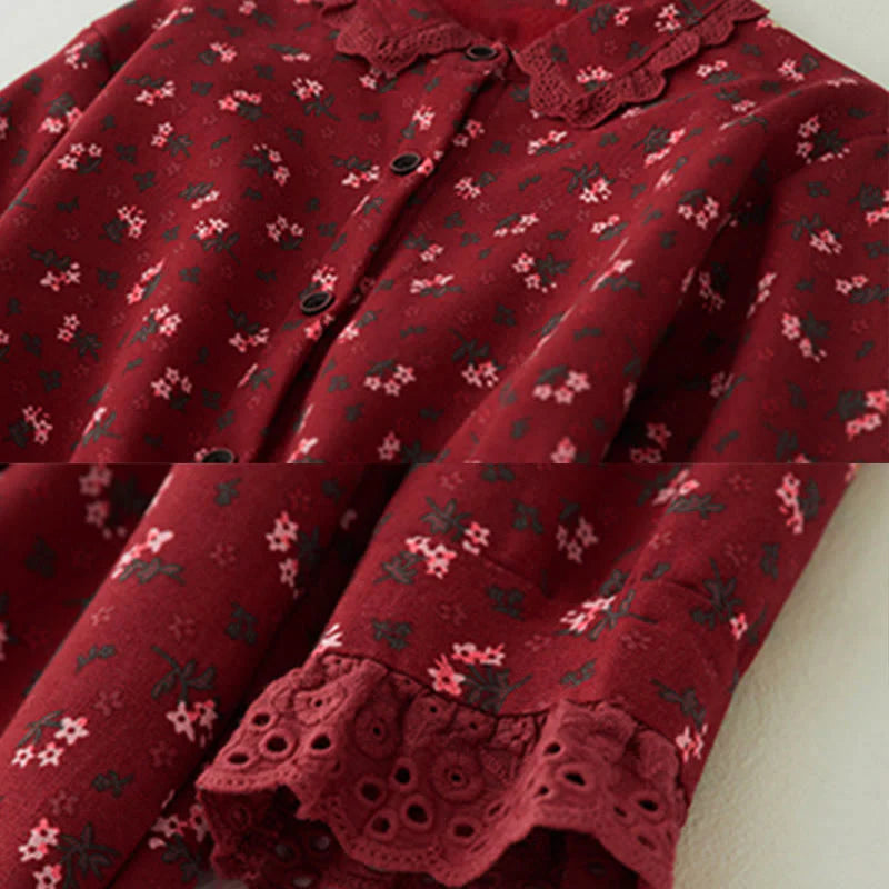 Buddha Stones Floral Pattern Lace Patchwork Design Long Sleeve Corduroy Midi Dress With Pockets