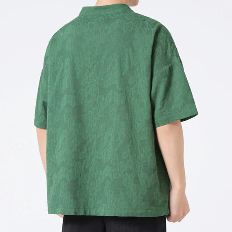 Buddha Stones Retro Pure Color Frog-Button Design Jacquard Flower Pattern Men's Short Sleeve Cotton Linen Shirt