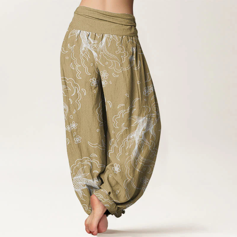 Buddha Stones Cotton Casual Koi Fish Waves And Petal Line Pattern Women's Elastic Waist Harem Pants