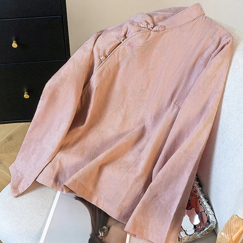 Buddha Stones Commute Jacquard Chinese Frog-Button Mandarin Collar Long Sleeve Women's Cotton Shirt