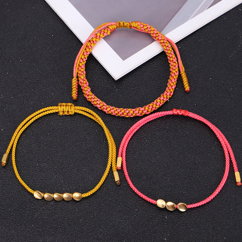 Buddha Stones 3Pcs Pink Yellow String Golden Copper Beads Wealth Bracelet