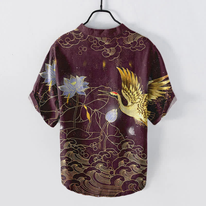 Buddha Stones Cotton Crane Wave Lotus Cloud Pattern Men's Short Sleeve Half Button Shirt
