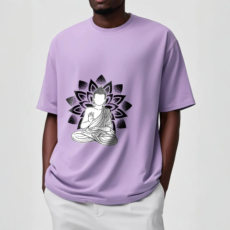 Buddha Stones Seated Buddha Lotus Flower Pattern Tee T-shirt