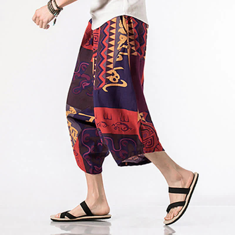Buddha Stones Ethnic Printing Floral Geometric Pattern Men's Harem 7-8 Length Pants With Pockets