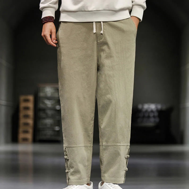 Buddha Stones Drawstring Elastic Waist Frog-Button Ankle-Length Men's Cotton Pants With Pockets
