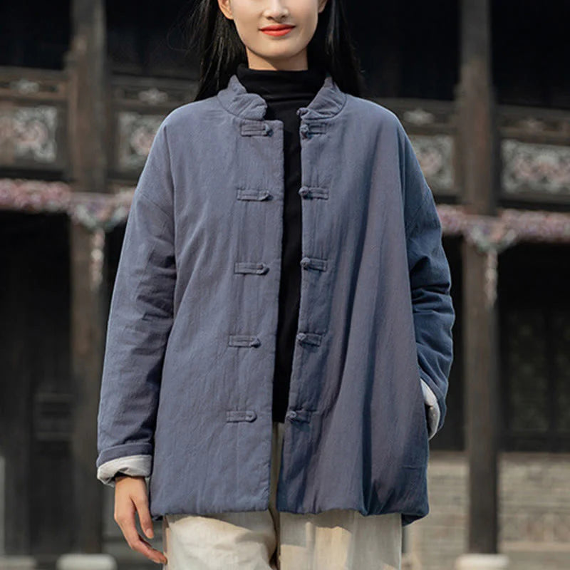 Buddha Stones Winter Solid Frog-Button Long Sleeve Cotton Women's Thermal Jacket With Pockets