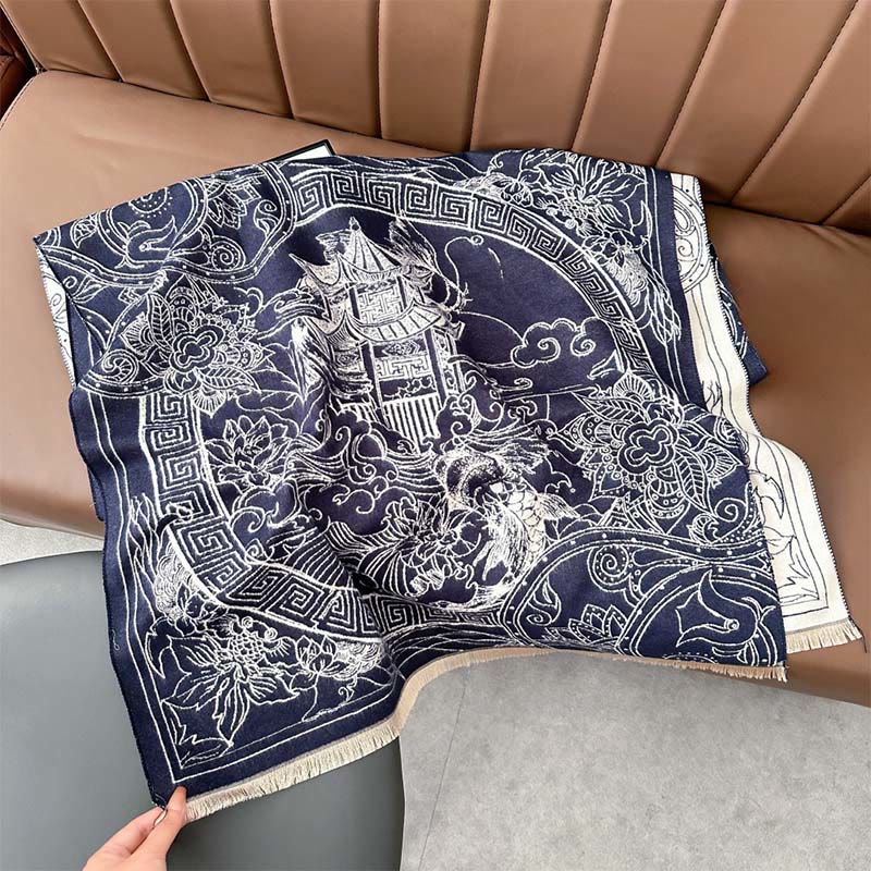 Buddha Stones Fall Pavilion Koi Fish Flowers Waves Pattern Cozy Scarf Shawl