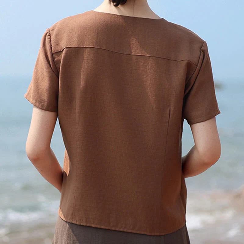 Buddha Stones Button Irregular Design V-Neck Cotton Linen Women's Short Sleeve Shirt
