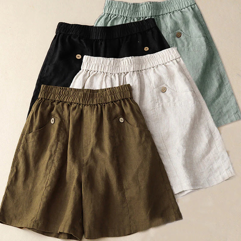 Buddha Stones Summer Casual Buttons Plain Cotton Women's Shorts With Pockets