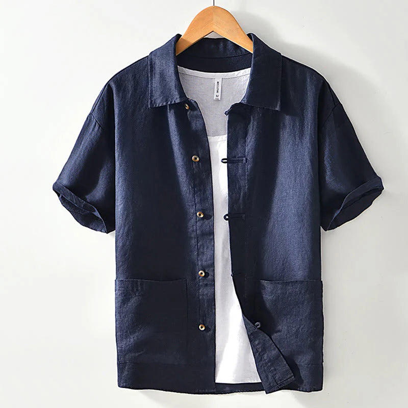 Buddha Stones Solid Summer Short Sleeve Buttons Linen Men's Shirt With Pockets