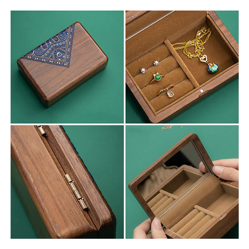 Buddha Stones Vintage Handmade Black Walnut Wood Jewelry Storage Box With Mirror