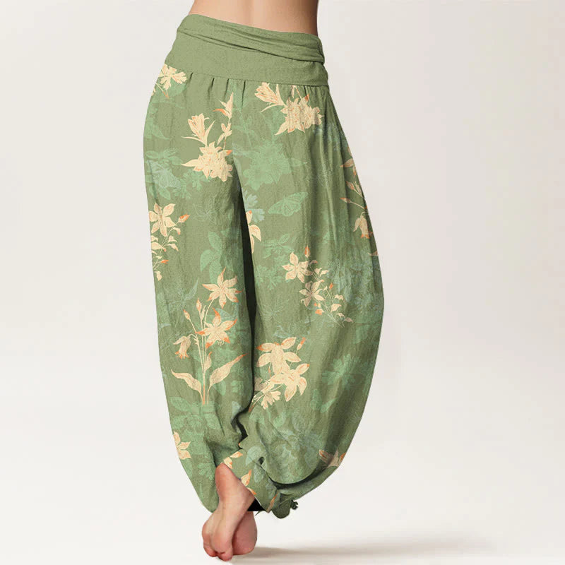 Buddha Stones Cotton Fresh Refined Flower Leaf Pattern Women's Elastic Waist Harem Pants