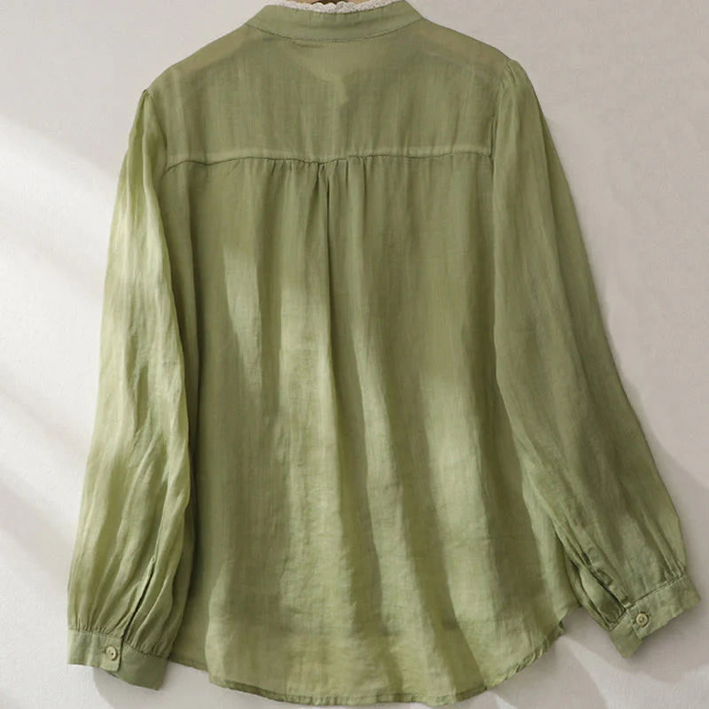 Buddha Stones Pure Color Lace Design Long Lantern Sleeve Women's Cotton Linen Shirt