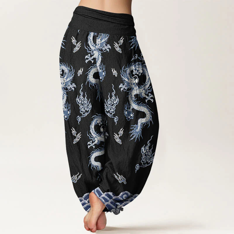 Buddha Stones Pure Cotton Dragon And Cloud Pattern Women's Elastic Waist Harem Pants