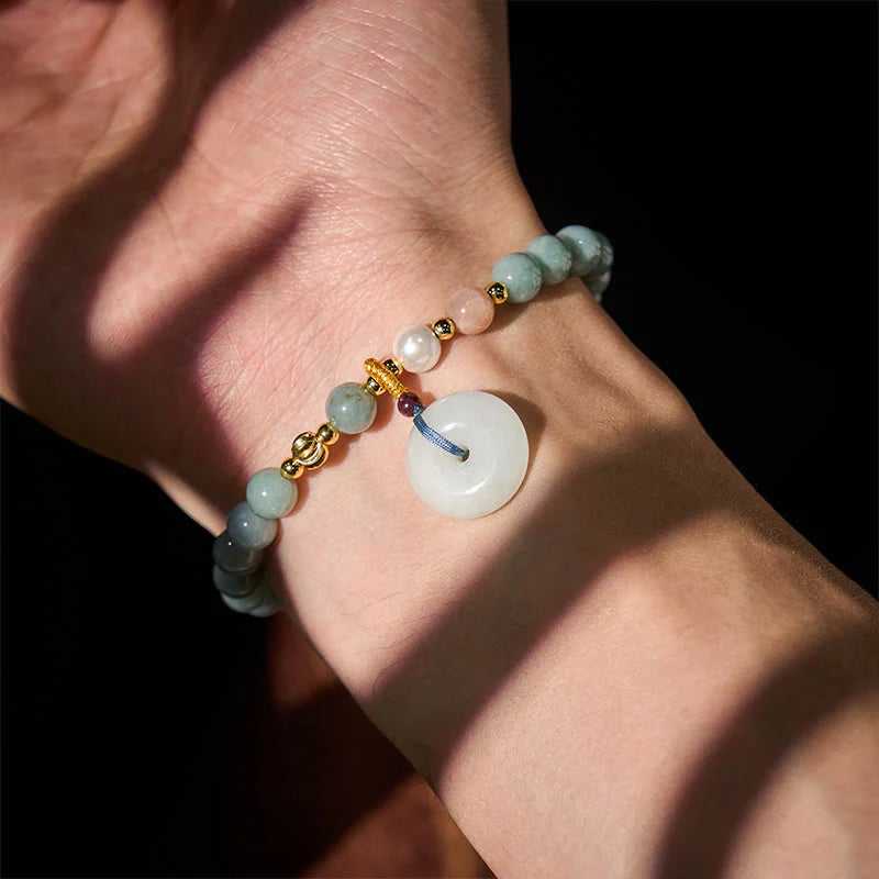Buddha Stones Peace Buckle Jade Round Beaded Luck Auspicious Bracelet