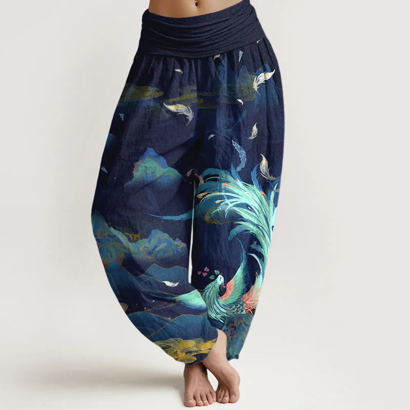 Buddha Stones Pure Cotton Gorgeous Phoenix Mountain Cloud Pattern Women's Elastic Waist Harem Pants