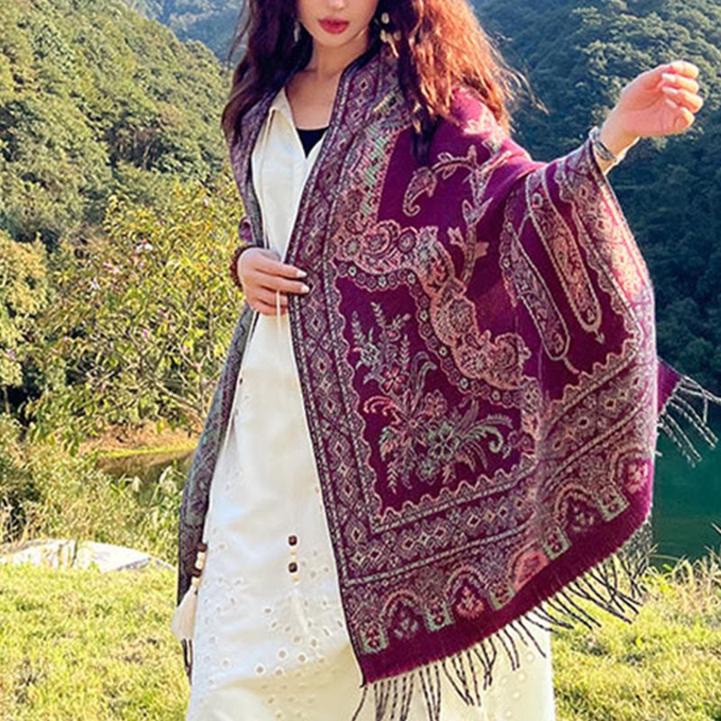 Buddha Stones Jacquard Ethnic Paisley Plants Pattern Tassel Soft Thermal Scarf Shawl
