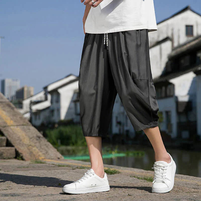 Buddha Stones Summer Elastic Waist Drawstring Solid Color Half Men's Tapered Pants With Pockets