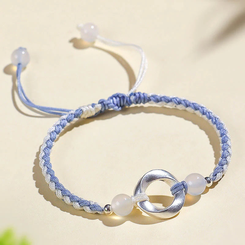 Buddha Stones 925 Sterling Silver Mobius White Agate Bead Braided String Protection Bracelet