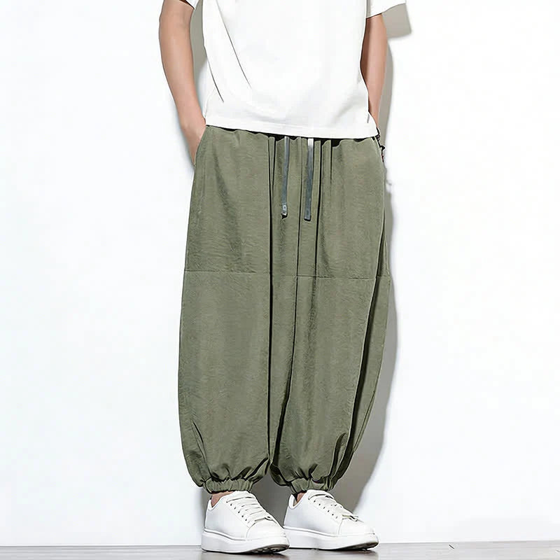 Buddha Stones Spring Solid Color Drawstring Cropped Men's Harem Cotton Pants With Pockets