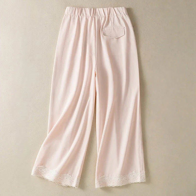 Buddha Stones Casual Lace Patchwork Design High Waist Women's Wide Leg Ankle-Length Pants With Pockets Zipper