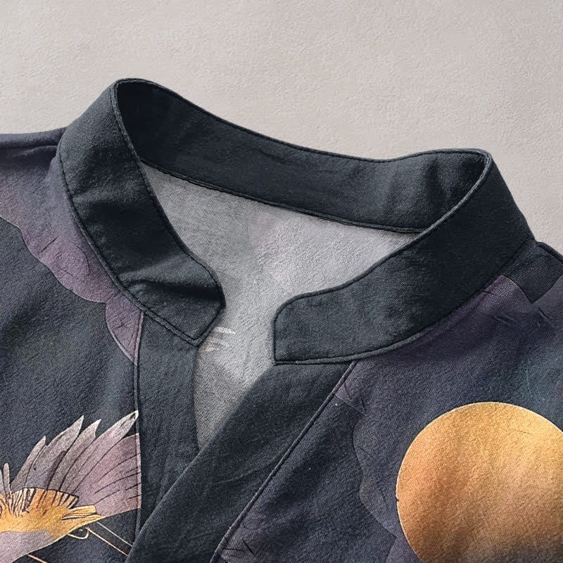Buddha Stones Cotton Full Moon Crane Pattern Men's Short Sleeve Half Button Shirt