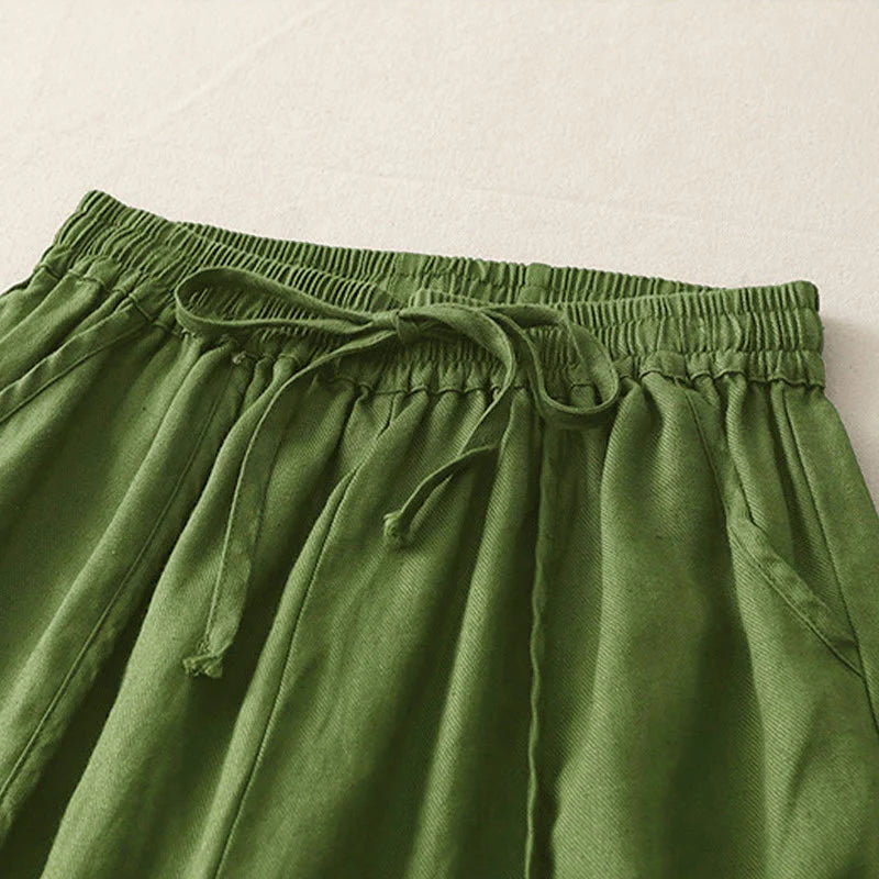 Buddha Stones Casual Plain Solid Color Patchwork Women's Polyester 7-8 Length Wide Leg Pants With Pockets