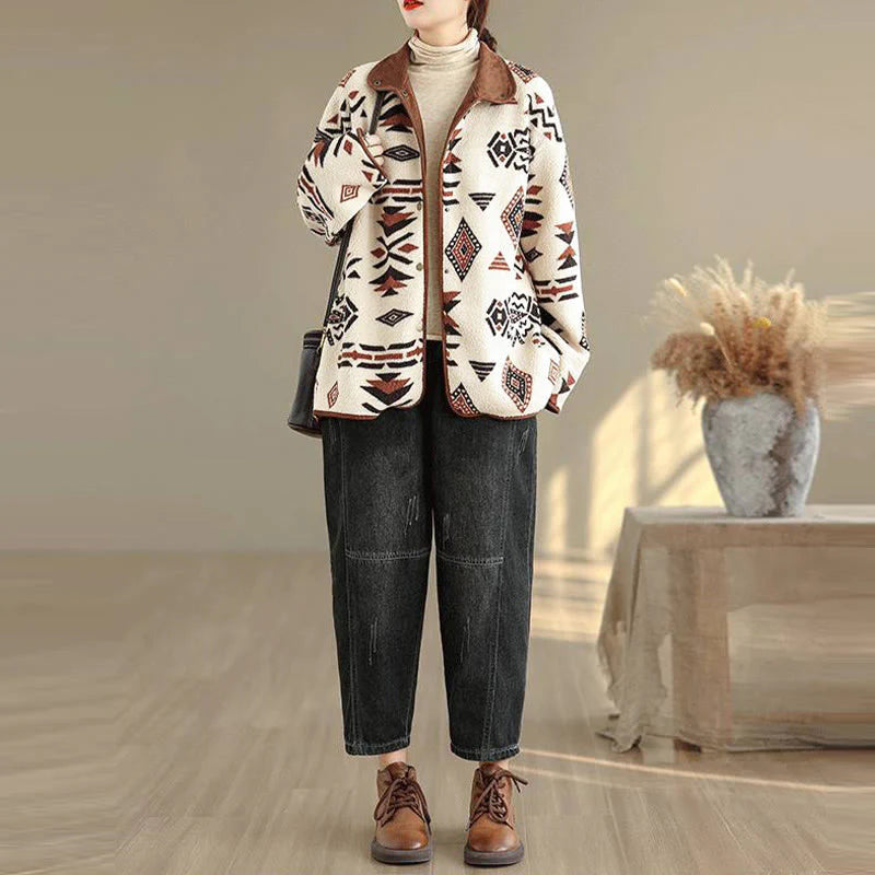 Buddha Stones Fall Winter Buttons Geometric Patterns Long Sleeve Cotton Women's Jacket