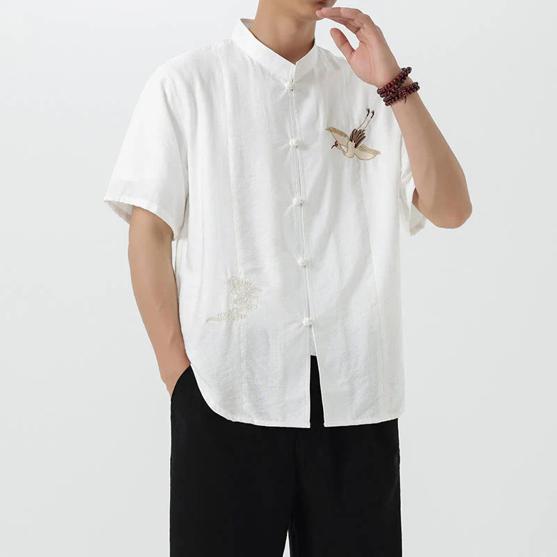 Buddha Stones Embroidery Buttons Half Sleeve Design Stand Collar Men's Cotton Shirt